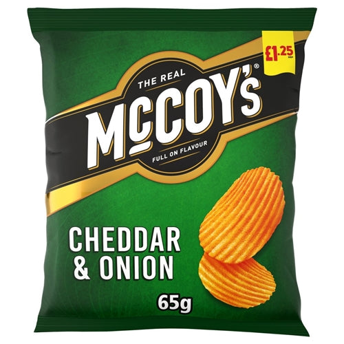 McCoy's Cheddar & Onion Flavour Ridge Cut Potato Crisps 65g Win cash or crisps from the Bank of Mccoy’s