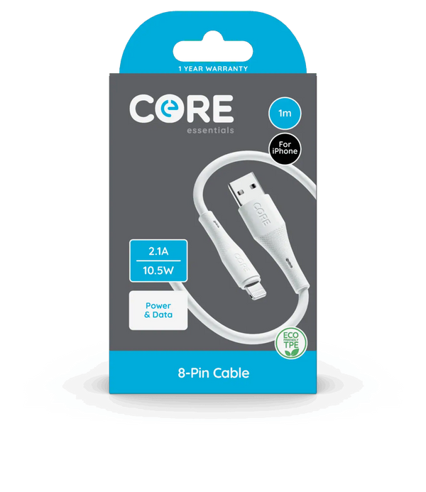 Core Essentials 8-Pin USB Cable 1m White Fast Charge – for iPhone & iPad VALUE