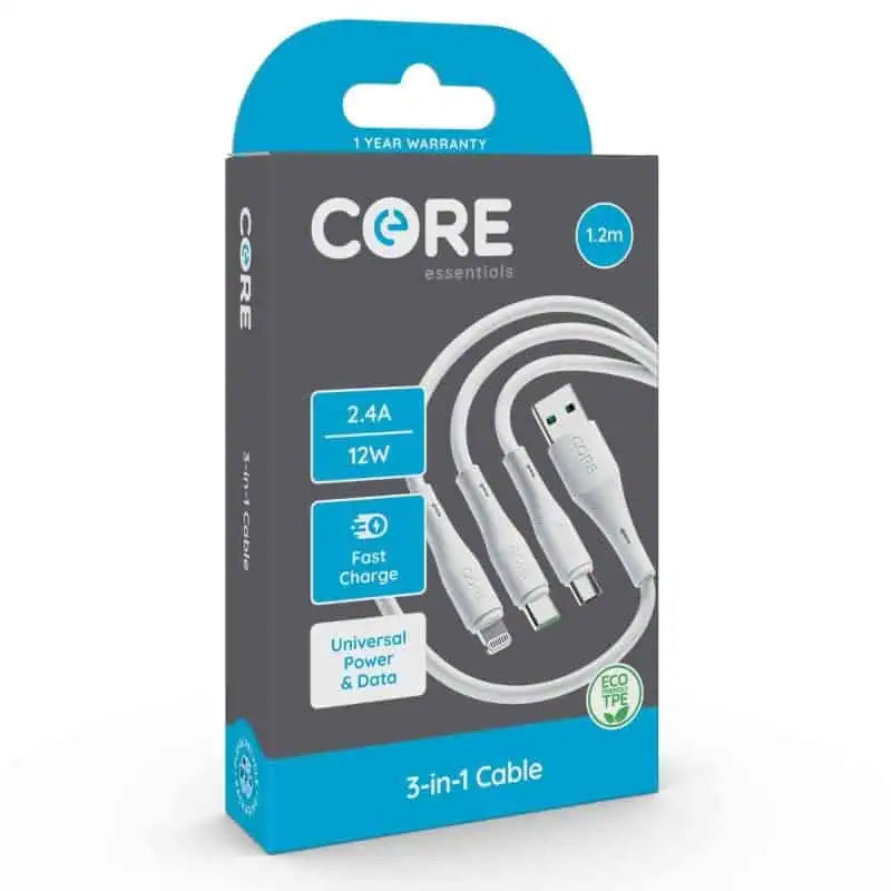 Core Essentials 3 in 1 Cable 1.2M 2.4Amp – 8-Pin for iPhoneiPad – Micro USB – USB-C