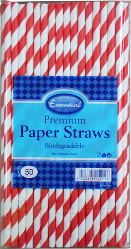 Essentials Biodegradable 50 Striped Red & White Paper Straws